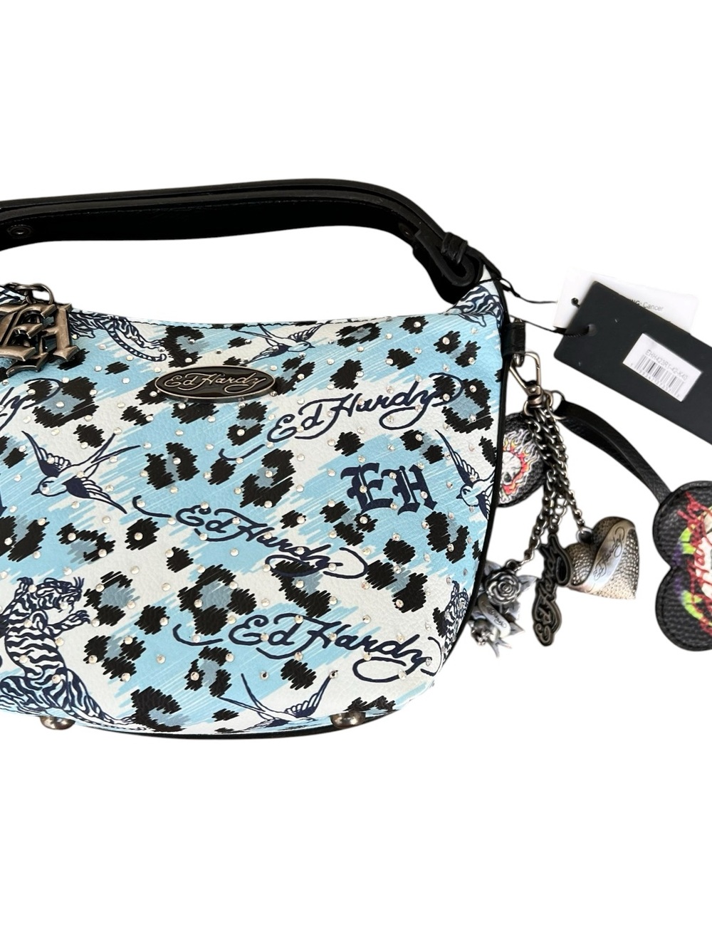NWT Ed Hardy Light Blue Leopard & Tattoo Print Hobo Bag